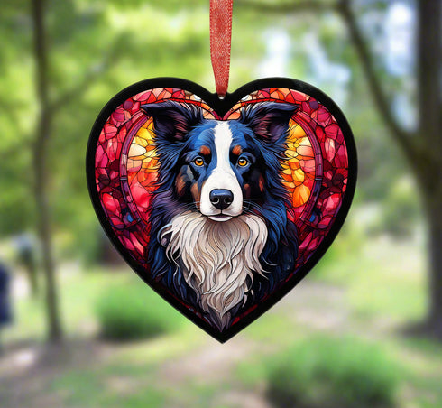 Border Collie Stained Glass Effect Heart Suncatcher